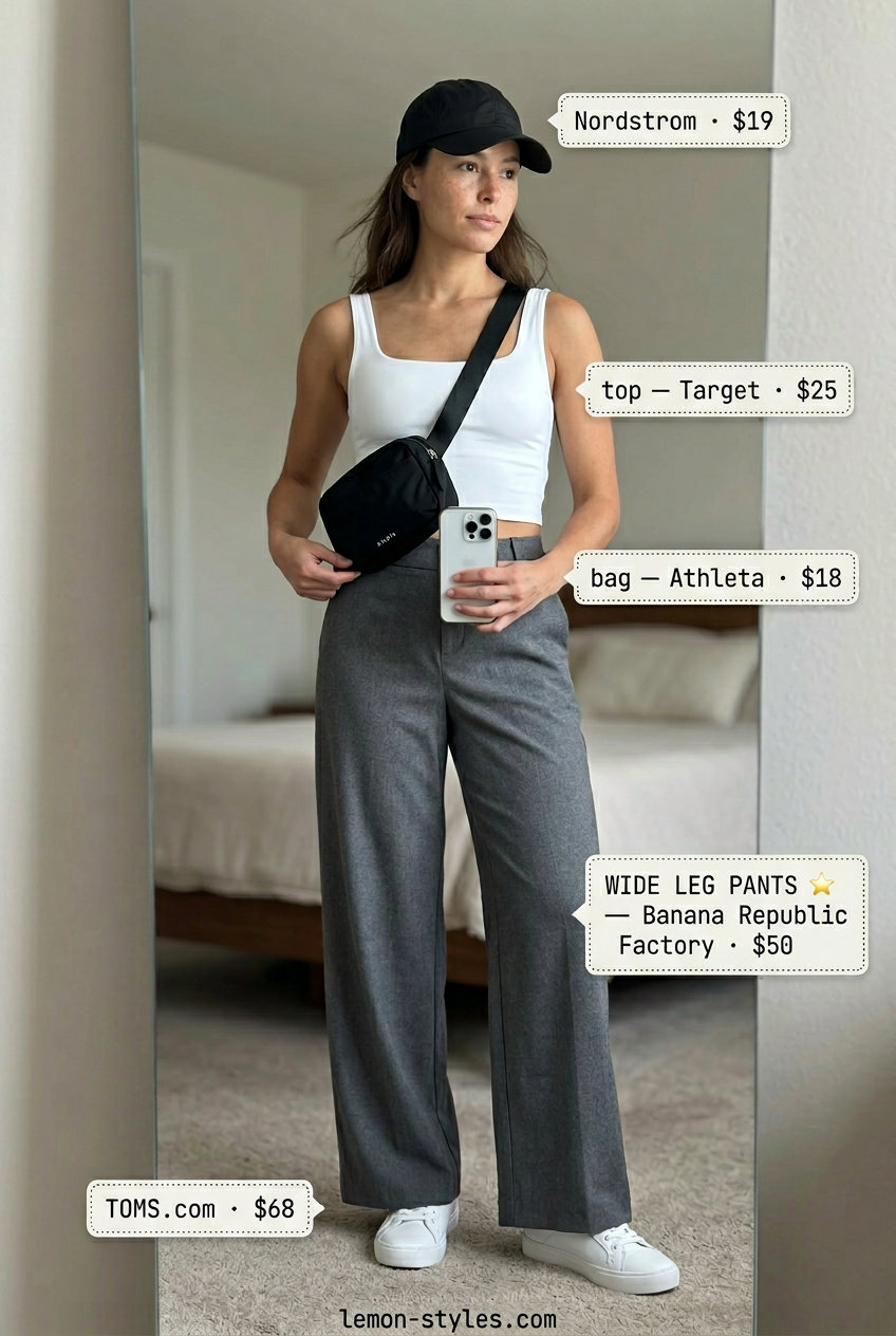 Comfortable Summer Palazzo Wide Leg Pants Outfits 2026 Comfortable summer palazzo wide leg pants outfits for women 2026: Grey pants with white tank, sneakers, and black belt bag.
