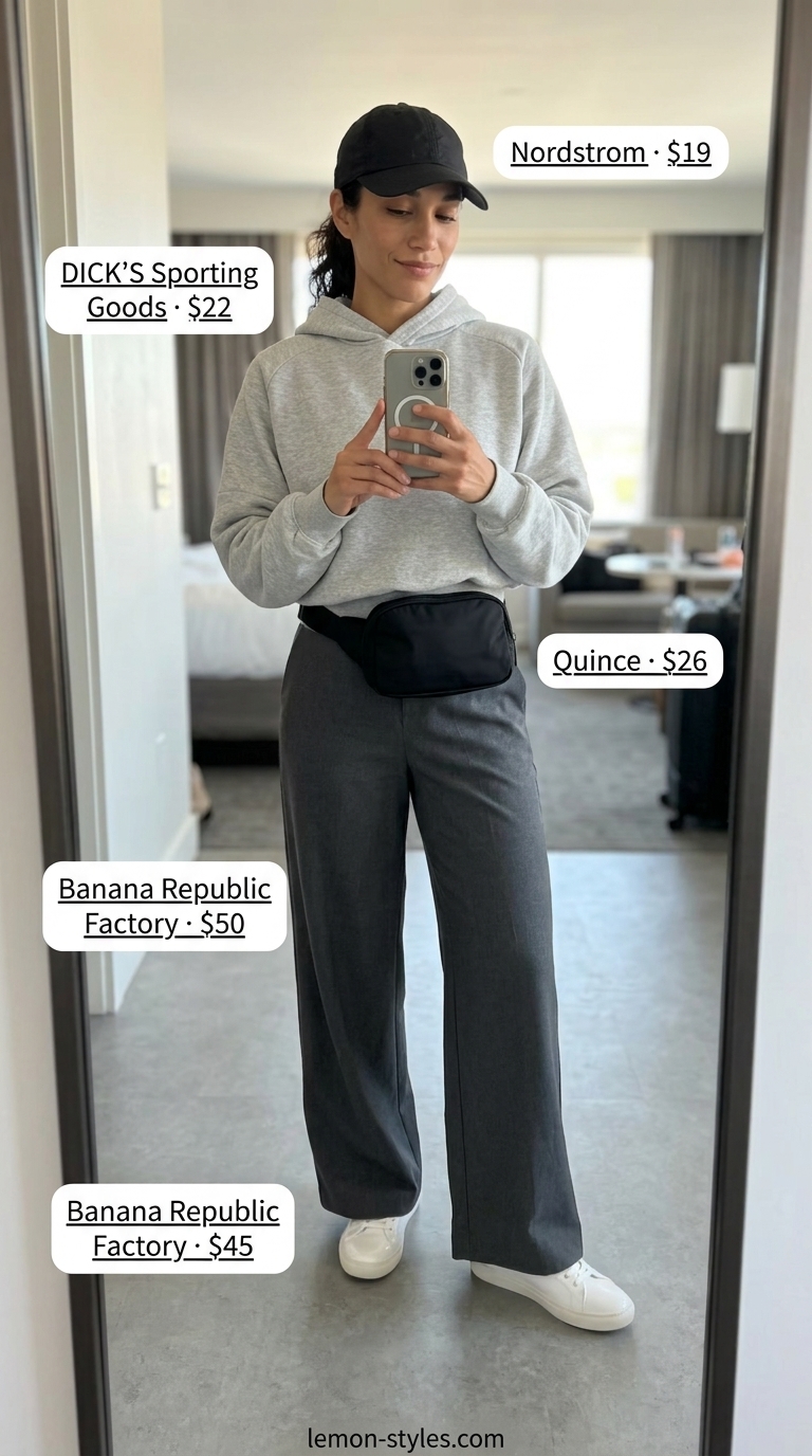 Athleisure Summer Palazzo Wide Leg Pants Outfits 2026 Athleisure summer palazzo wide leg pants outfits for women 2026: Grey knit set with white sneakers and black cap.