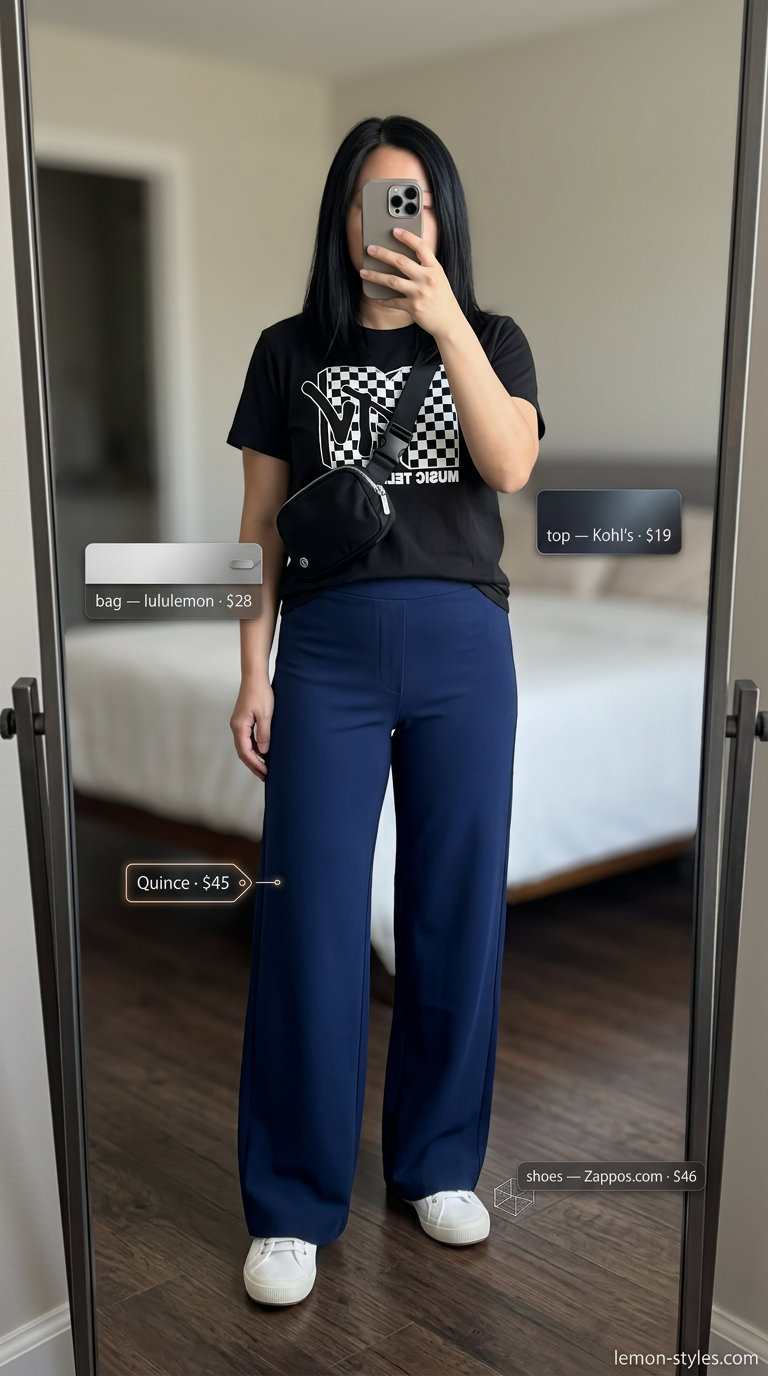 Casual Denim Wide Leg Pants 2026 Casual medium wash denim wide leg pants with graphic tee and sneakers for weekend.