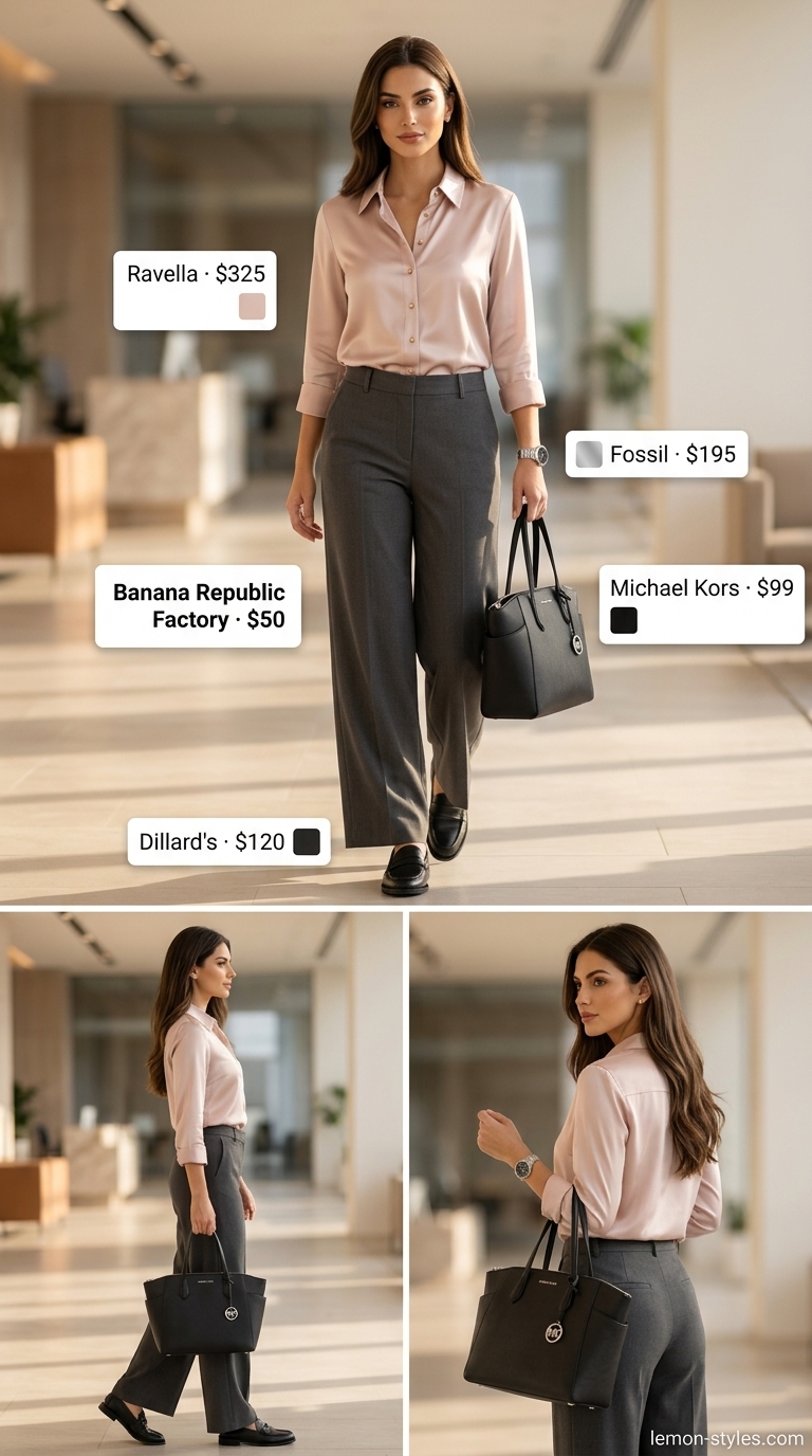 Chic Workwear Wide Leg Pants 2026 Chic workwear outfit with charcoal wide leg pants, blush silk blouse, and black loafers. Ideal for office.