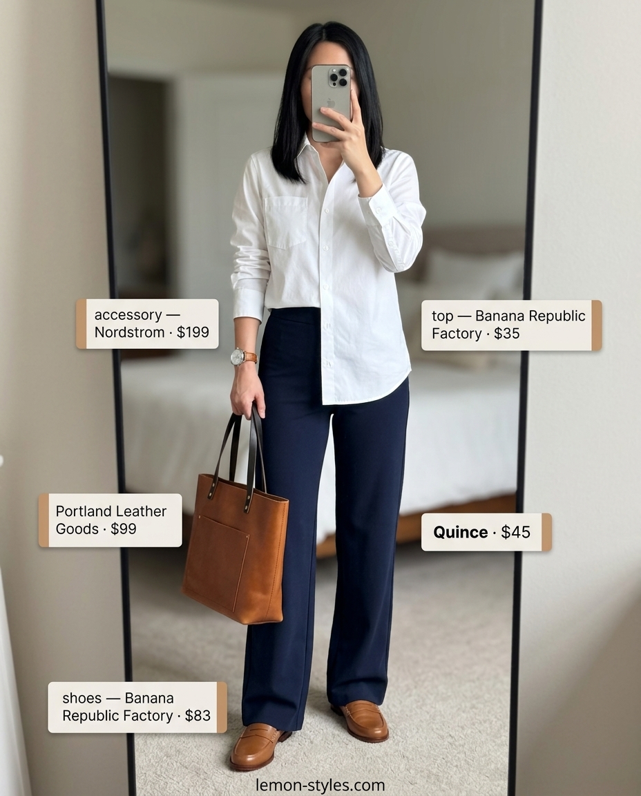 Office Casual Wide Leg Pants 2026 Navy blue wide leg pants with white shirt and tan loafers for office casual.