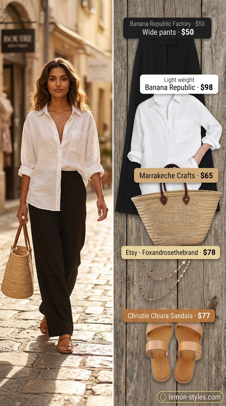 Coastal Breeze Palazzo Pants 2026 Coastal breeze outfit featuring sky blue wide leg pants, an oversized white linen shirt, and tan slides.