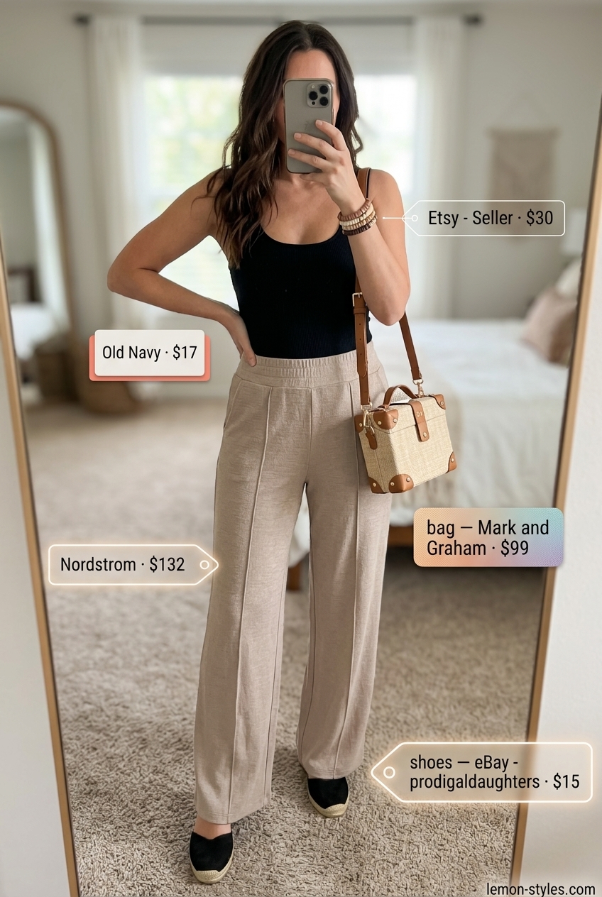 Boho Summer Palazzo Wide Leg Pants Outfits 2026 Boho summer palazzo wide leg pants outfits for women 2026: Sand beige pants with black bodysuit, beaded bracelets, and espadrilles.