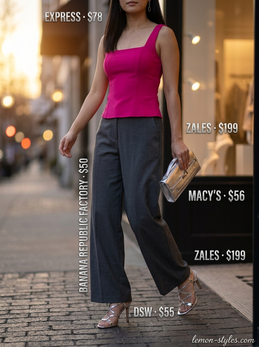 Glamorous summer palazzo wide leg pants outfits for women 2026: Fuchsia top with wide leg pants, silver heels and clutch.