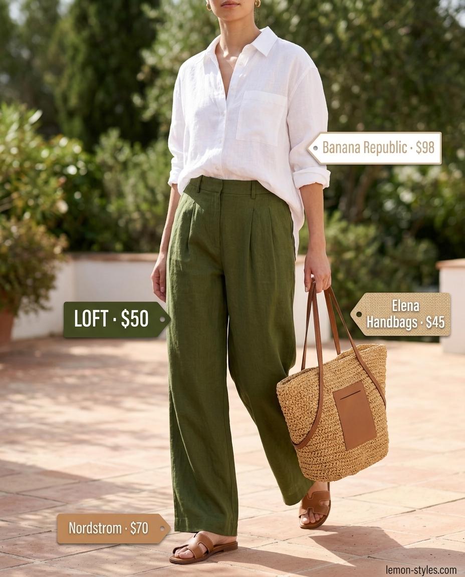 Mediterranean Breeze Linen Pants 2026 Mediterranean breeze outfit with olive green linen pants, white linen shirt, and tan slides. Chic and relaxed.