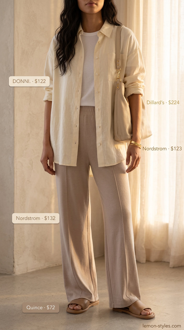 Linen Wide Leg Pants Outfit 2026 Chic beige linen wide leg pants with cream button-down shirt and leather slides for summer.