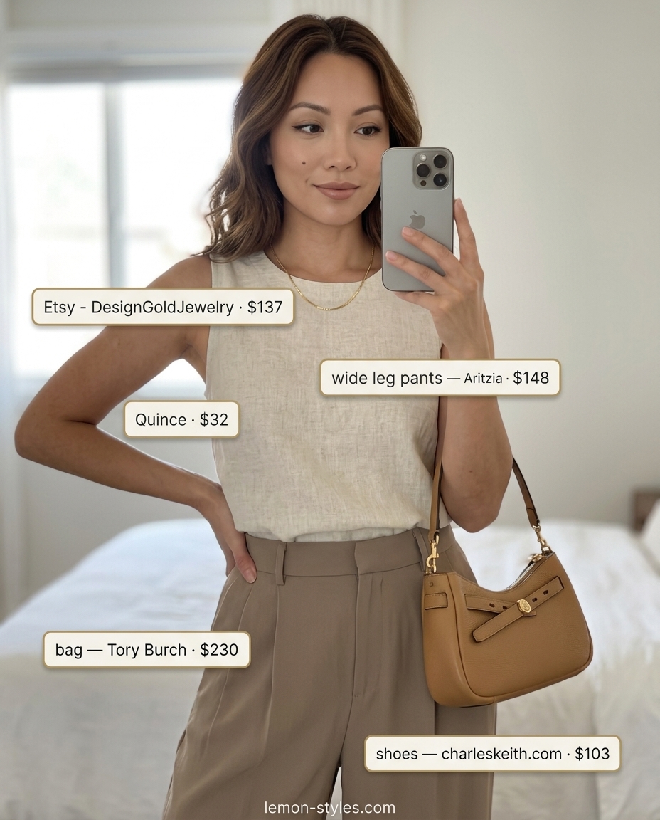 Monochrome Linen Wide Leg Pants 2026 Monochromatic beige linen wide leg pants with sleeveless top and minimalist sandals.