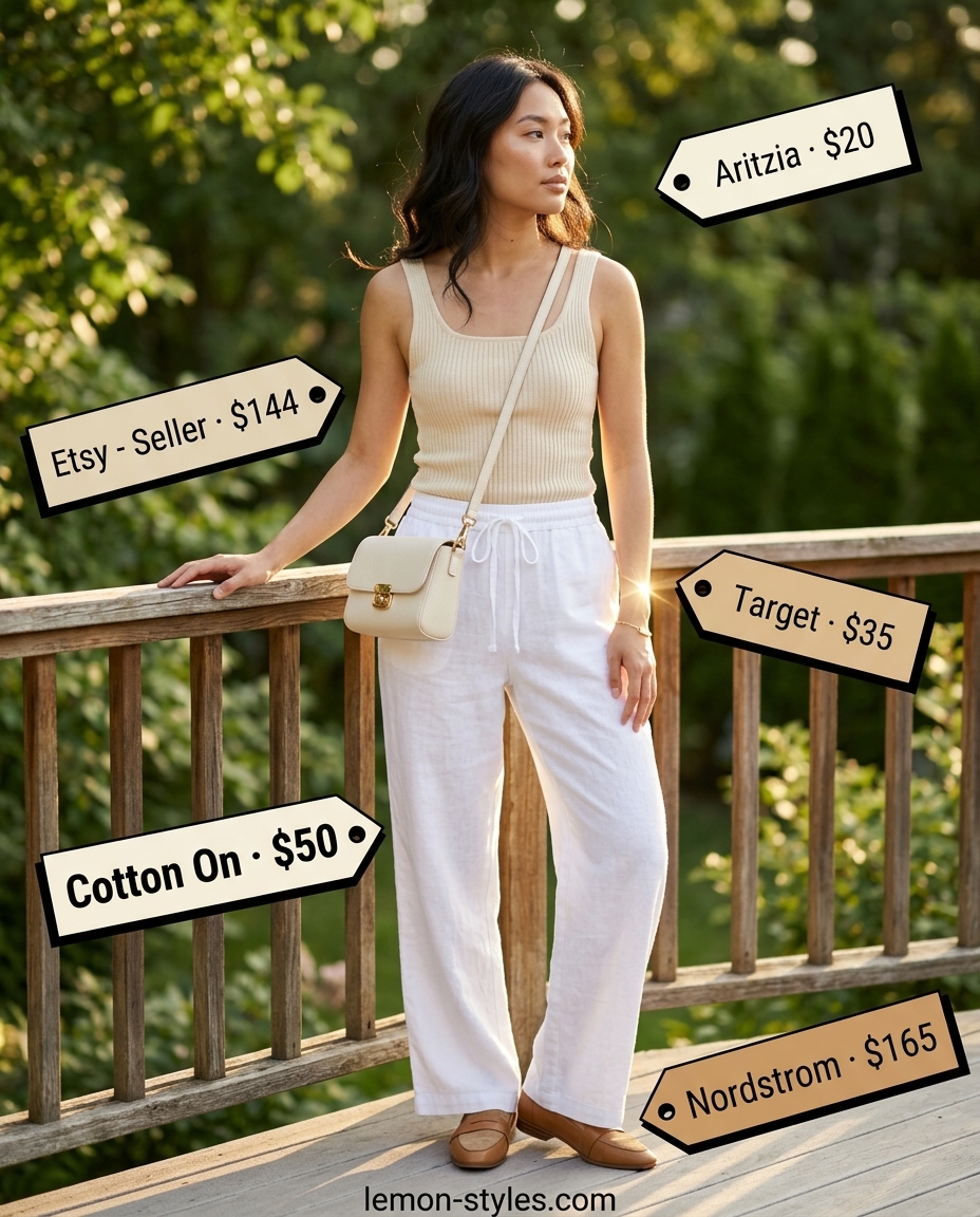 Monochrome Minimalist Pants 2026 Monochrome minimalist outfit with cream wide leg pants, fitted ribbed top, and beige loafers. Chic and modern.