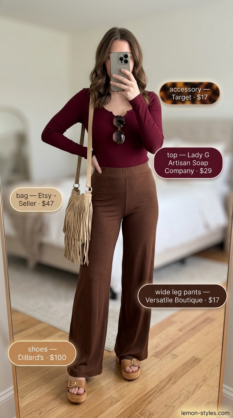 Retro Denim Wide Leg Pants 2026 Retro denim outfit with medium wash wide leg jeans, burgundy top, and cork platform sandals. Cool and casual.