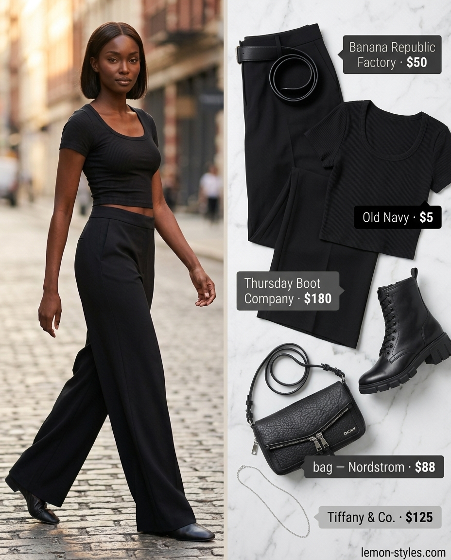 Edgy Summer Palazzo Wide Leg Pants Outfits 2026 Edgy summer palazzo wide leg pants outfits for women 2026: Olive green cargo pants with black crop top and ankle boots.