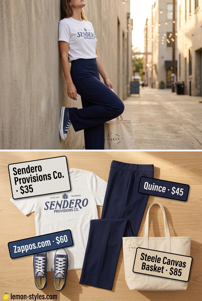 Weekend Casual Linen Pants 2026 Weekend casual outfit with beige wide leg pants, graphic t-shirt, and navy sneakers. Laid-back and comfortable.