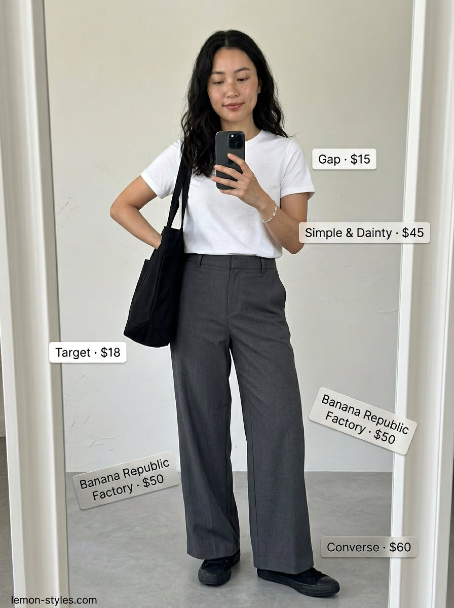 Weekend Comfort Palazzo Pants 2026 Weekend comfort outfit with charcoal wide leg pants, white t-shirt, and black sneakers. Casual and relaxed.