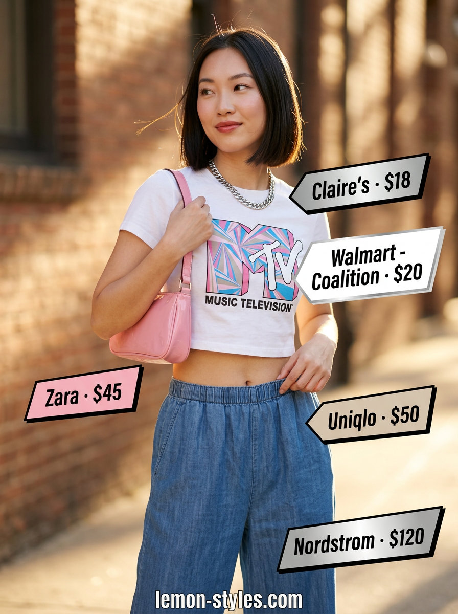 Y2K Summer Palazzo Wide Leg Pants Outfits 2026 Y2K summer palazzo wide leg pants outfits for women 2026: Denim pants with graphic tee, silver sandals, and hot pink bag.