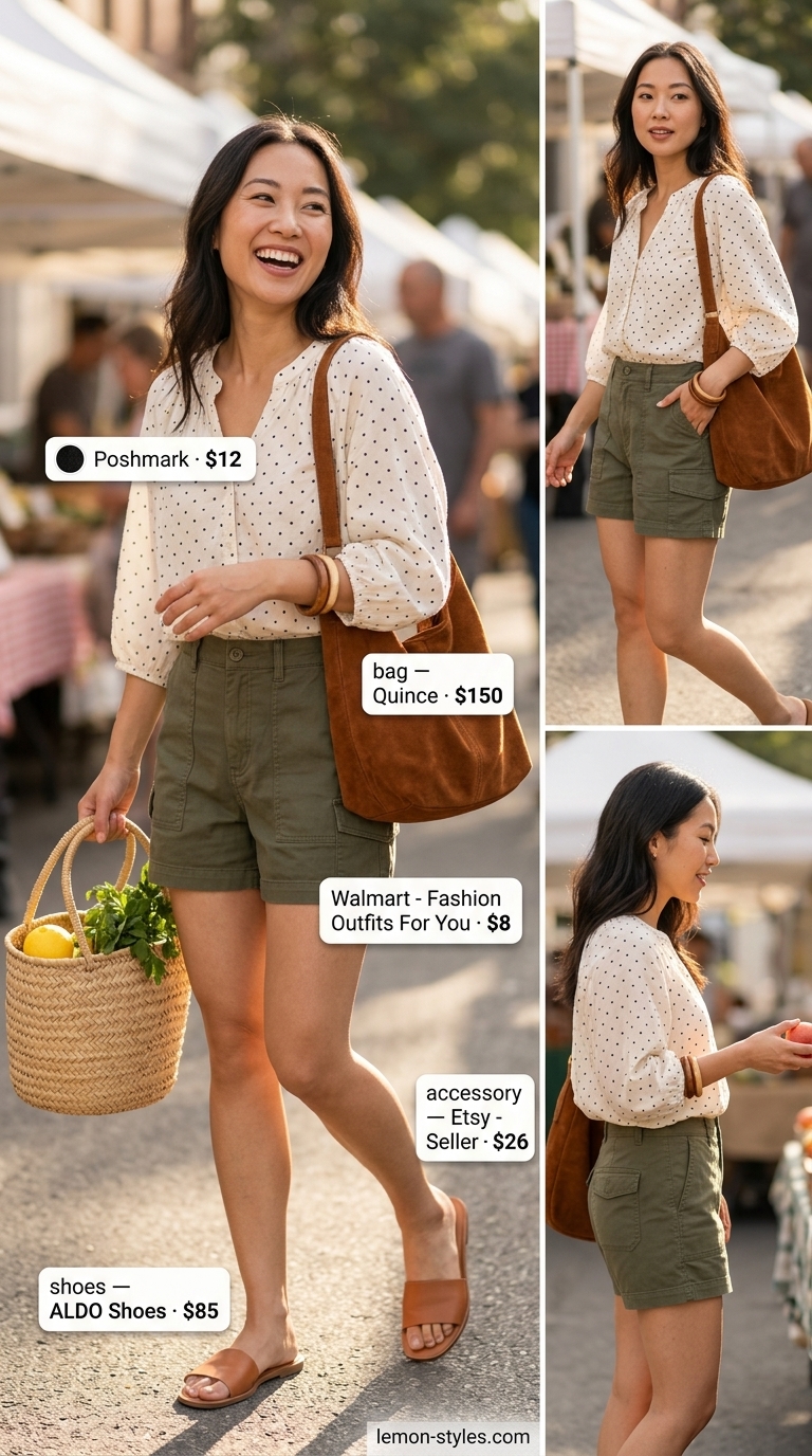 Boho Market Style: Polka Dot Blouse 2026 Boho market outfit: Brown polka dot blouse, olive cargo shorts, leather sandals. Summer polka dots blouse outfits for women 2026.
