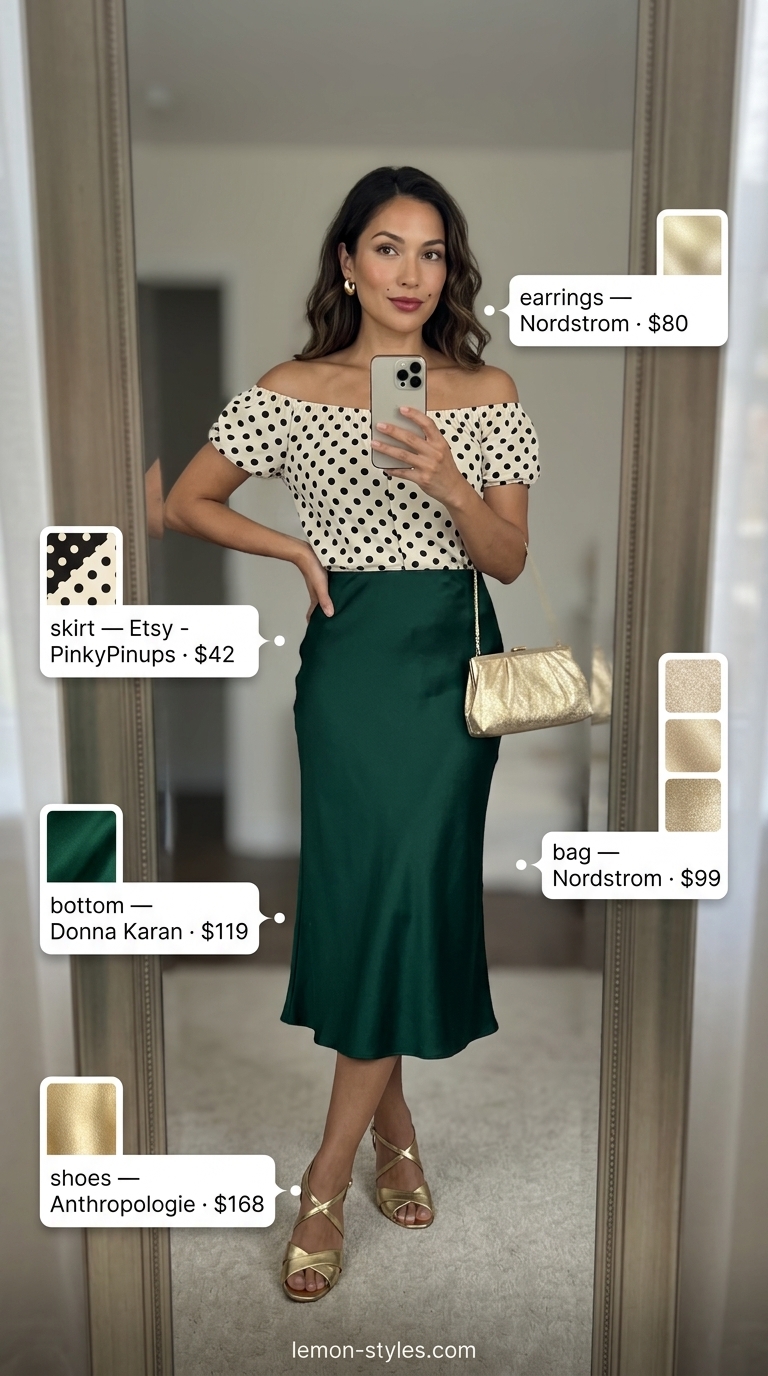 Resort Evening Elegance: Polka Dot Blouse 2026 Resort evening outfit: Emerald polka dot off-shoulder blouse, ivory midi skirt, gold heels. Summer polka dots blouse outfits for women 2026.