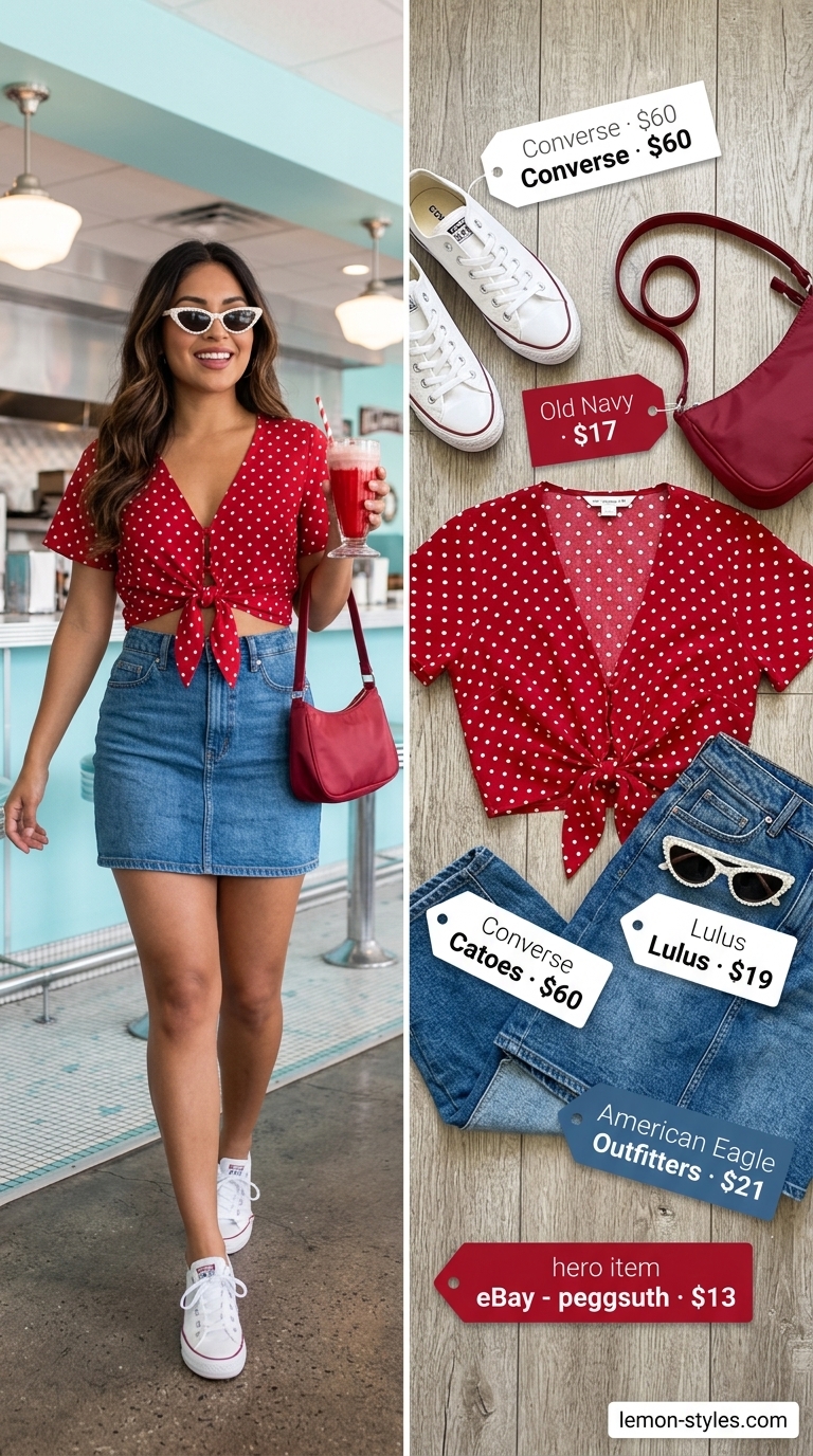 Retro Diner Date: Polka Dot Blouse Style 2026 Retro diner date outfit: Red polka dot tie-front blouse, denim mini skirt, cat-eye sunglasses. Summer polka dots blouse outfits for women 2026.