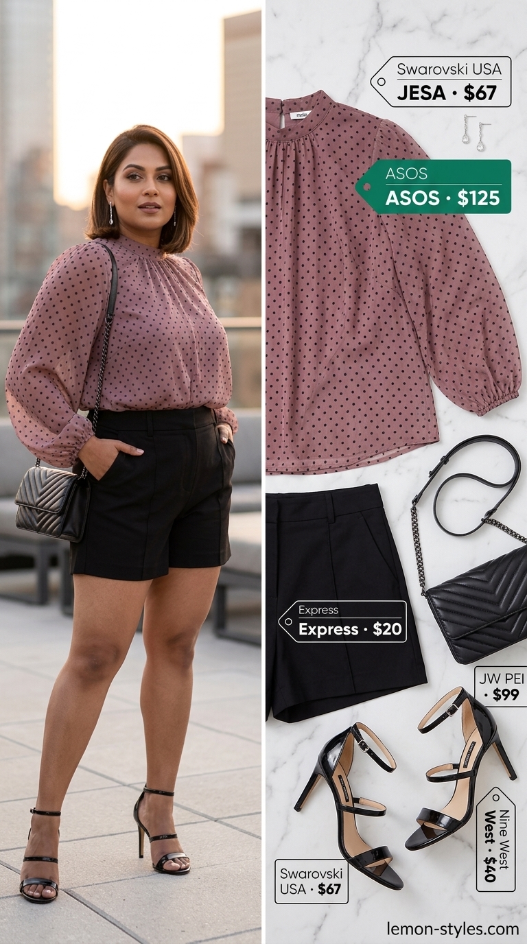 Rooftop Soiree: Polka Dot Blouse Style 2026 Sophisticated rooftop outfit: Black polka dot sheer blouse, white tailored shorts, strappy sandals. Summer polka dots blouse outfits for women 2026.