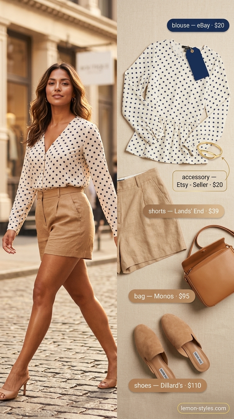 Seaside Brunch: Polka Dot Blouse Outfits 2026 Seaside brunch outfit: Navy polka dot peplum blouse, cream tailored shorts, tan sandals. Summer polka dots blouse outfits for women 2026.