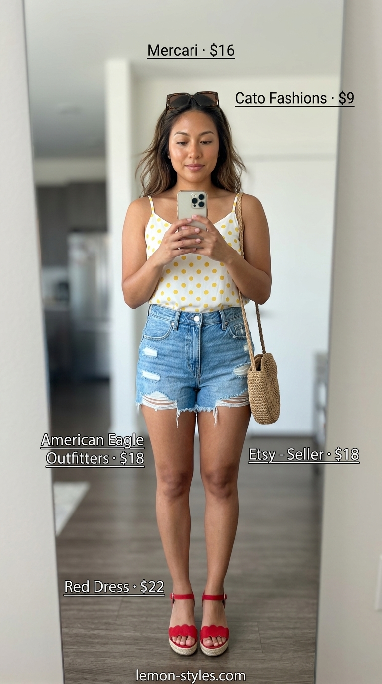 Sunny Day Trip: Polka Dot Blouse Outfits 2026 Sunny day trip outfit: Yellow polka dot cami blouse, denim shorts, espadrilles. Summer polka dots blouse outfits for women 2026.