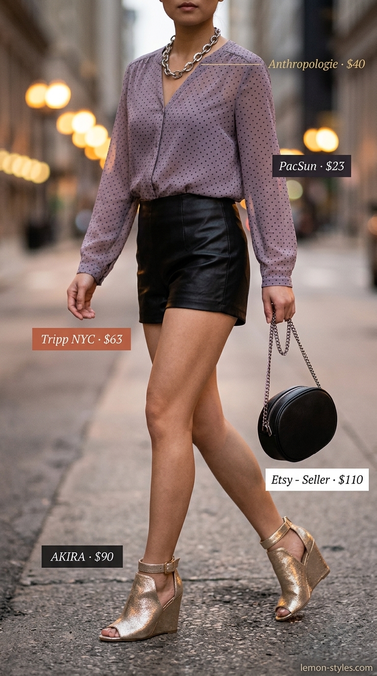 Edgy Polka Dot Blouse Outfits 2026 White and black polka dot cropped blouse with faux leather shorts for an edgy night out 2026.