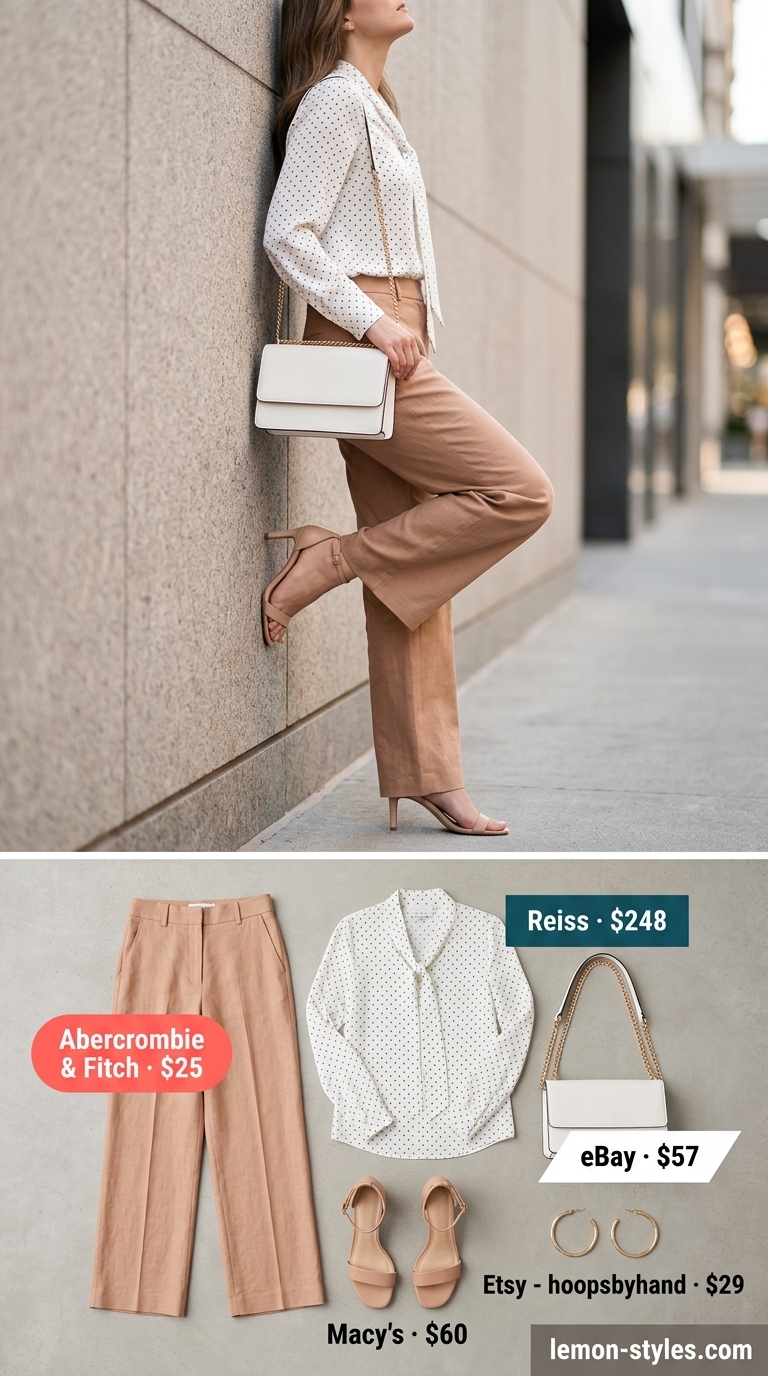 City Stroll Outfit 2026 Sophisticated city stroll outfit 2026: Navy polka dot blouse with linen pants for a modern look.