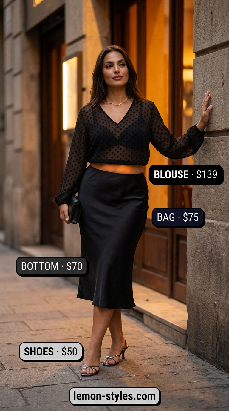 Midnight Rendezvous Outfit 2026 Romantic date night outfit 2026: Sheer black polka dot blouse with satin midi skirt for evening.