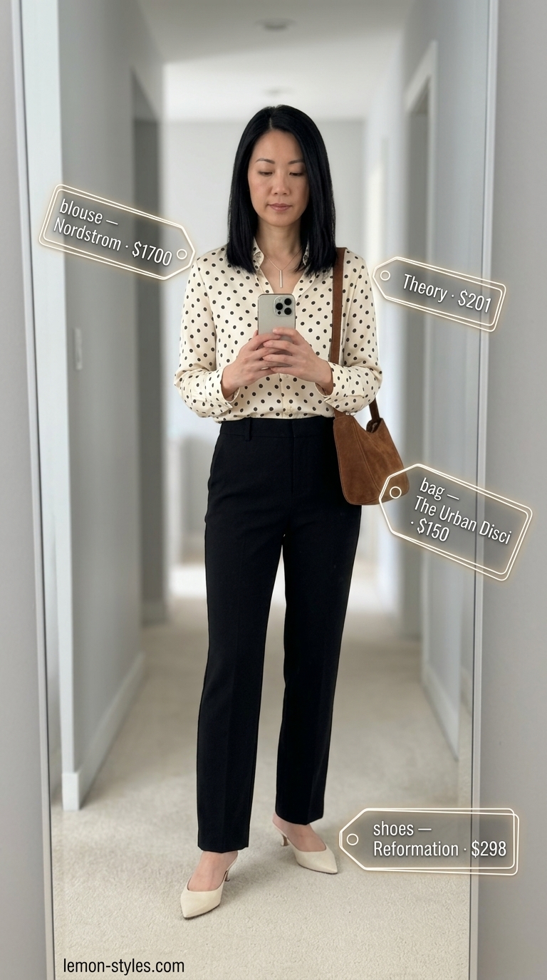 Gallery Opening Outfit 2026 Gallery opening outfit 2026: Black polka dot blouse with tailored trousers for a chic evening look.