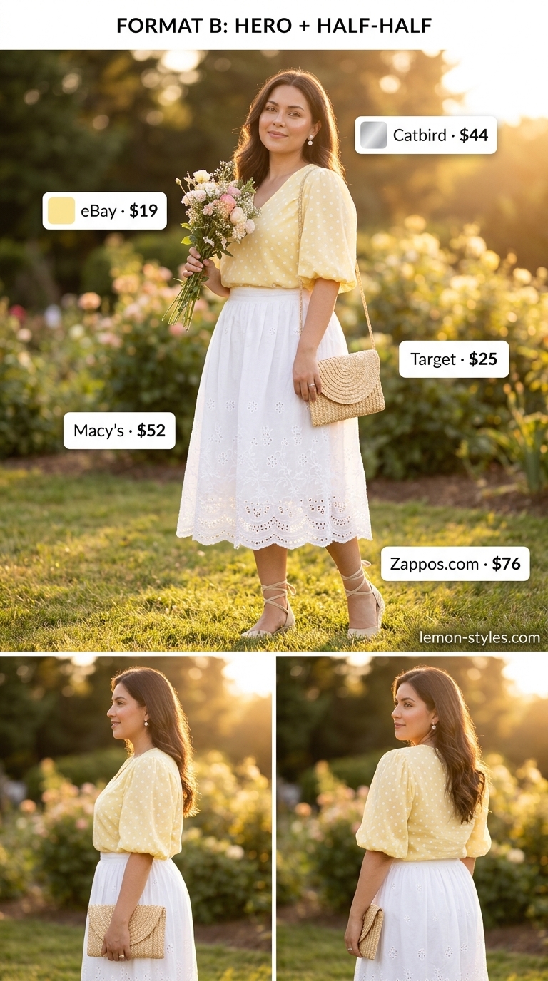 Garden party outfit 2026: Pastel yellow polka dot blouse with eyelet skirt for a whimsical look.