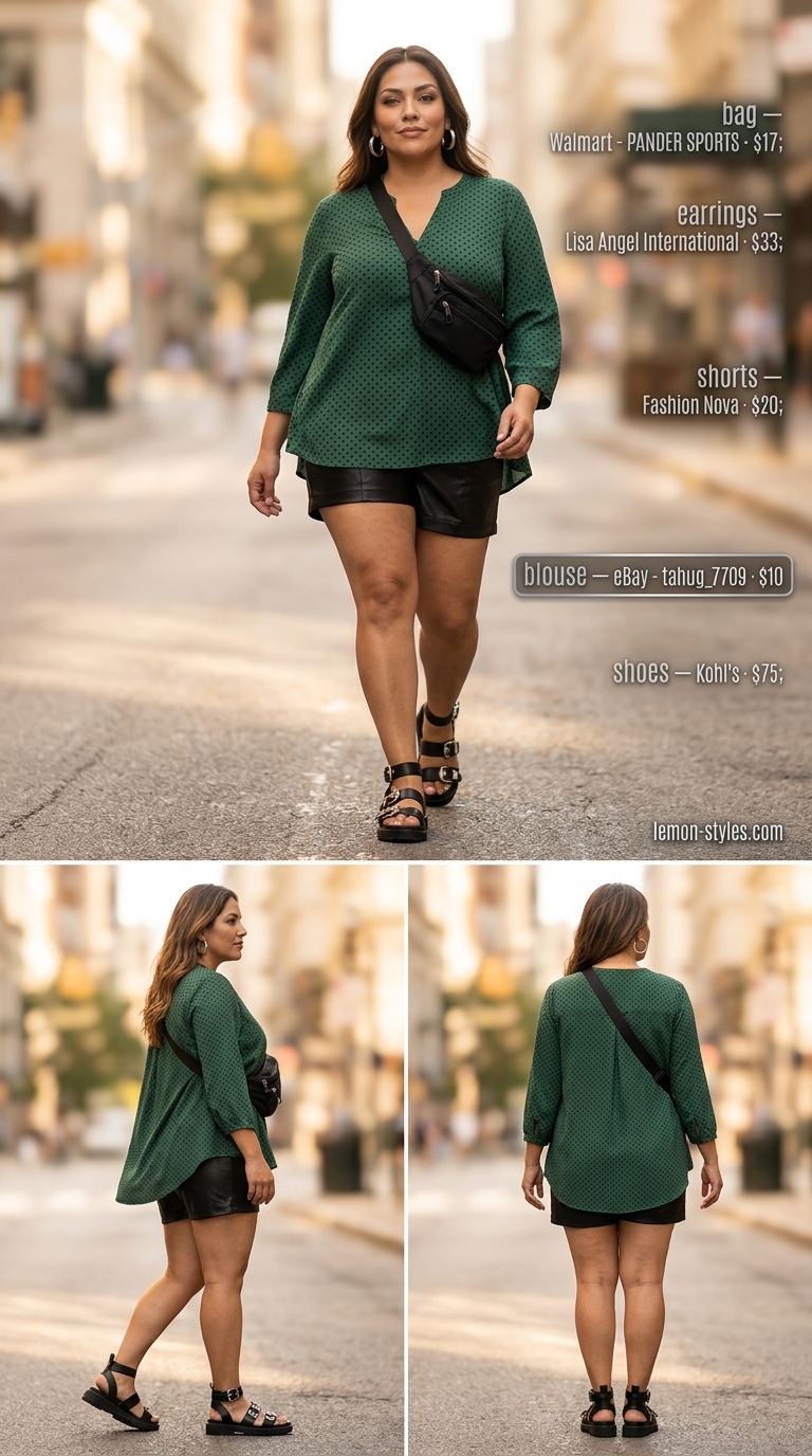 Urban Polka Dot Blouse Outfits 2026 Forest green polka dot blouse with black faux leather shorts for an urban explorer outfit 2026.