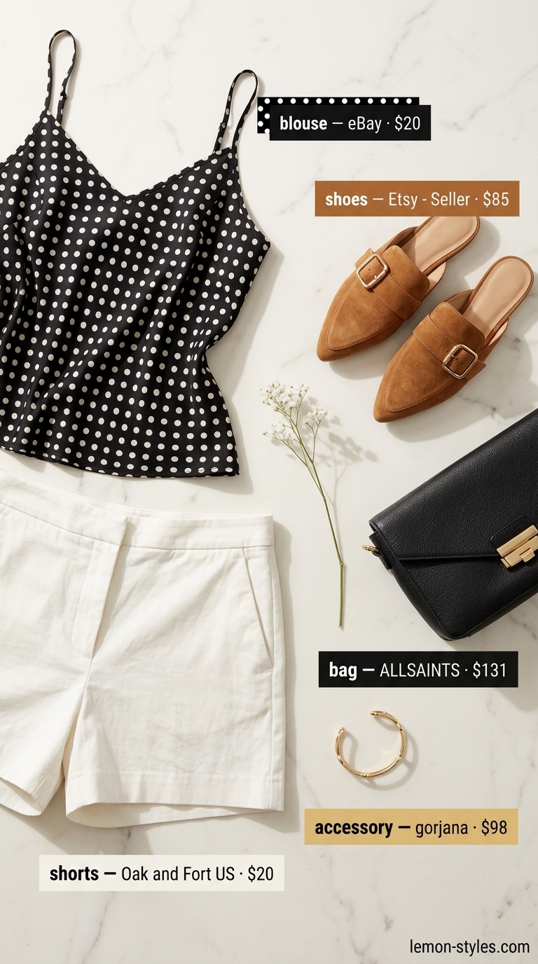 Elegant Polka Dot Blouse Outfits 2026 Ivory polka dot camisole blouse with tailored shorts for an elegant evening outfit 2026.