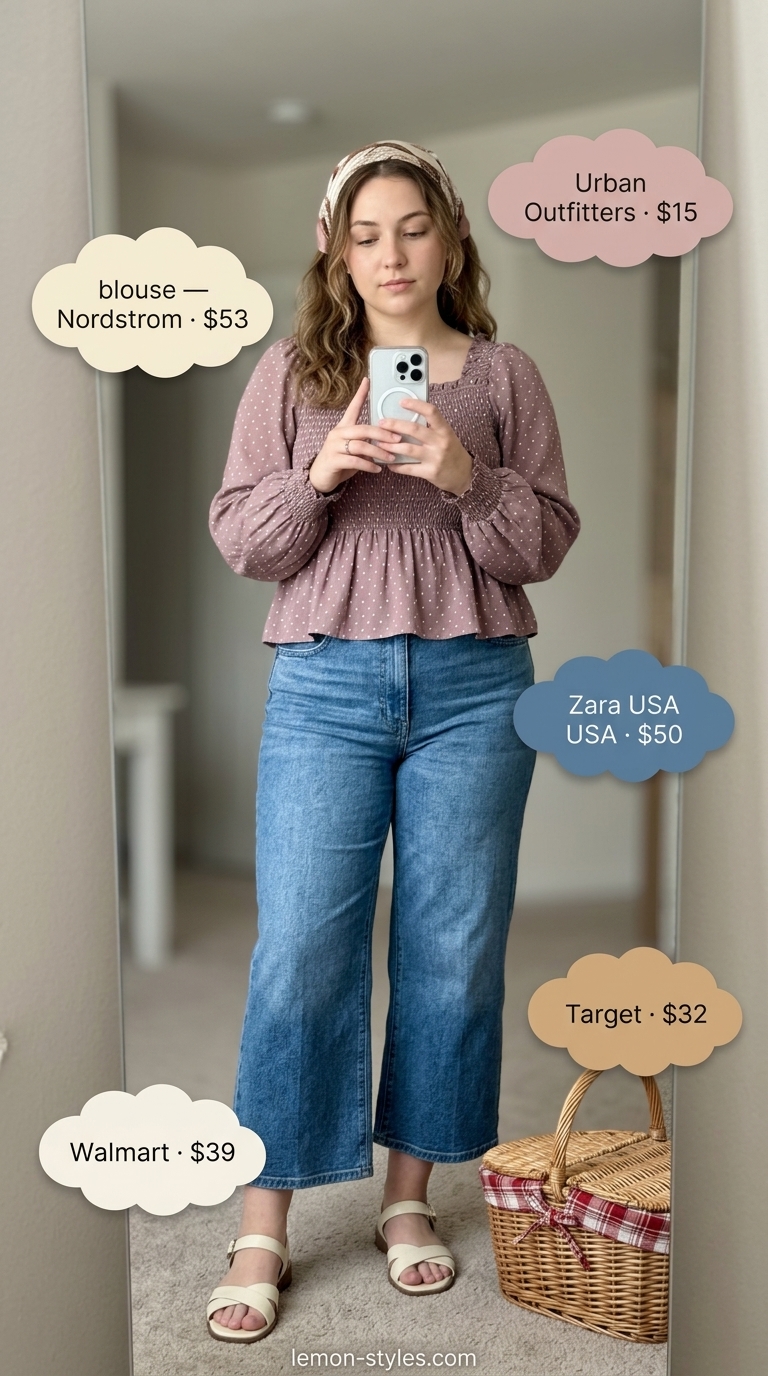 Vintage Polka Dot Blouse Outfits 2026 Pink and white polka dot smocked blouse with cream denim culottes for a vintage tea outfit 2026.