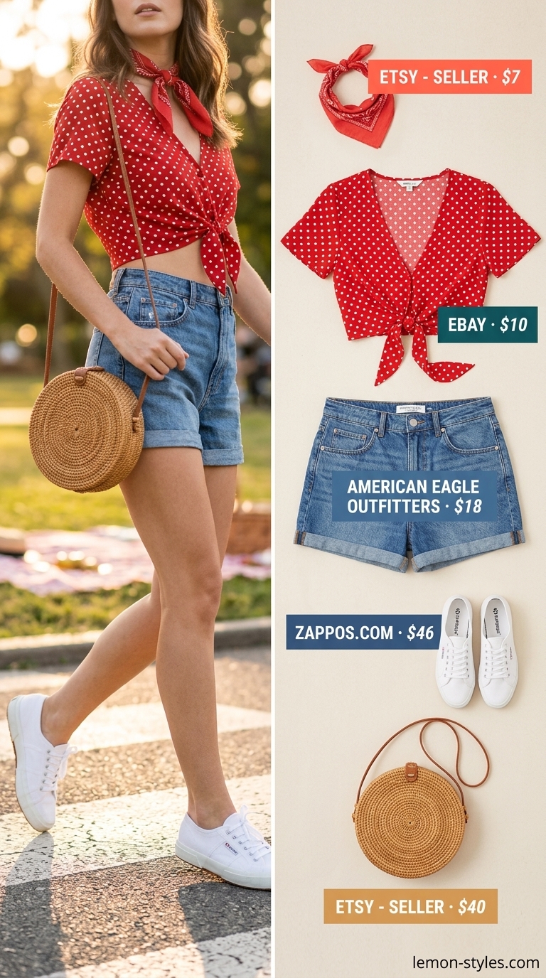 Playful Summer Polka Dot Blouse Outfits 2026 Red and white polka dot tie-front blouse with denim shorts for a playful summer outfit 2026.