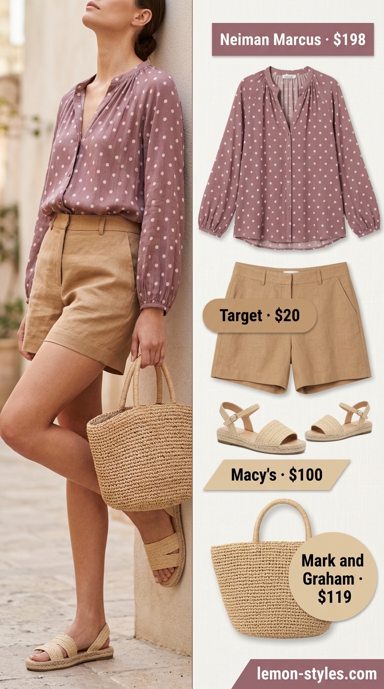 Riviera Brunch Outfit 2026 Summer polka dots blouse outfit 2026: Black polka dot blouse with white shorts for a chic Riviera brunch.