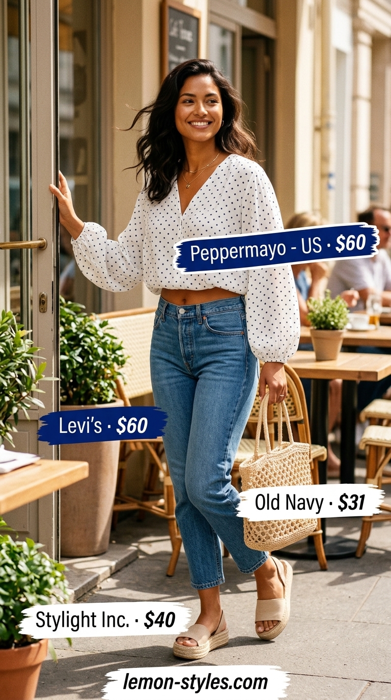 Sidewalk Cafe Outfit 2026 Sunny sidewalk cafe outfit 2026: Yellow polka dot blouse with light wash jeans for a cheerful look.