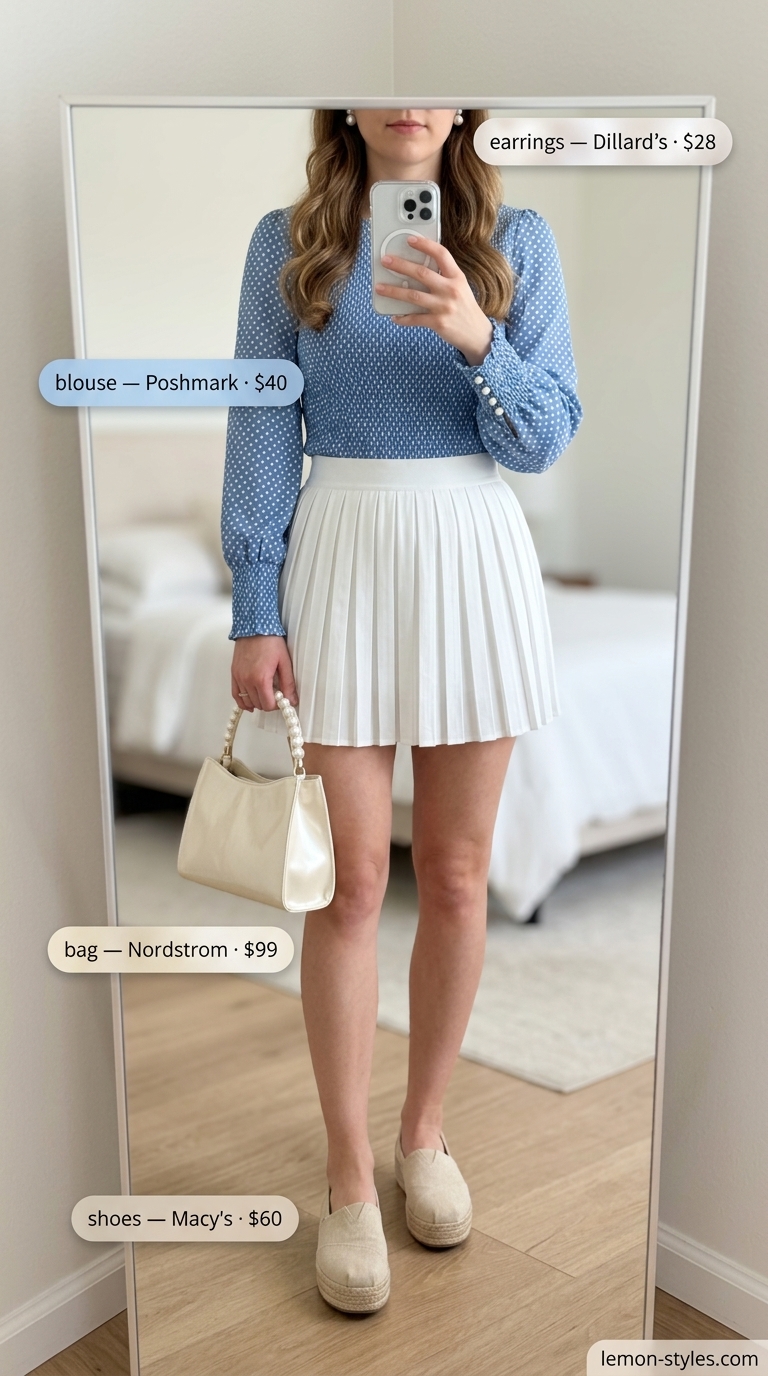 Summer Luncheon Outfit 2026 Charming summer luncheon outfit 2026: Blue polka dot blouse with white tennis skirt for a fresh look.