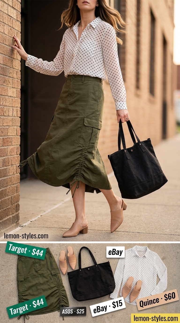Urban Explorer Outfit 2026 Relaxed urban explorer outfit 2026: White polka dot blouse with olive green cargo skirt for casual errands.