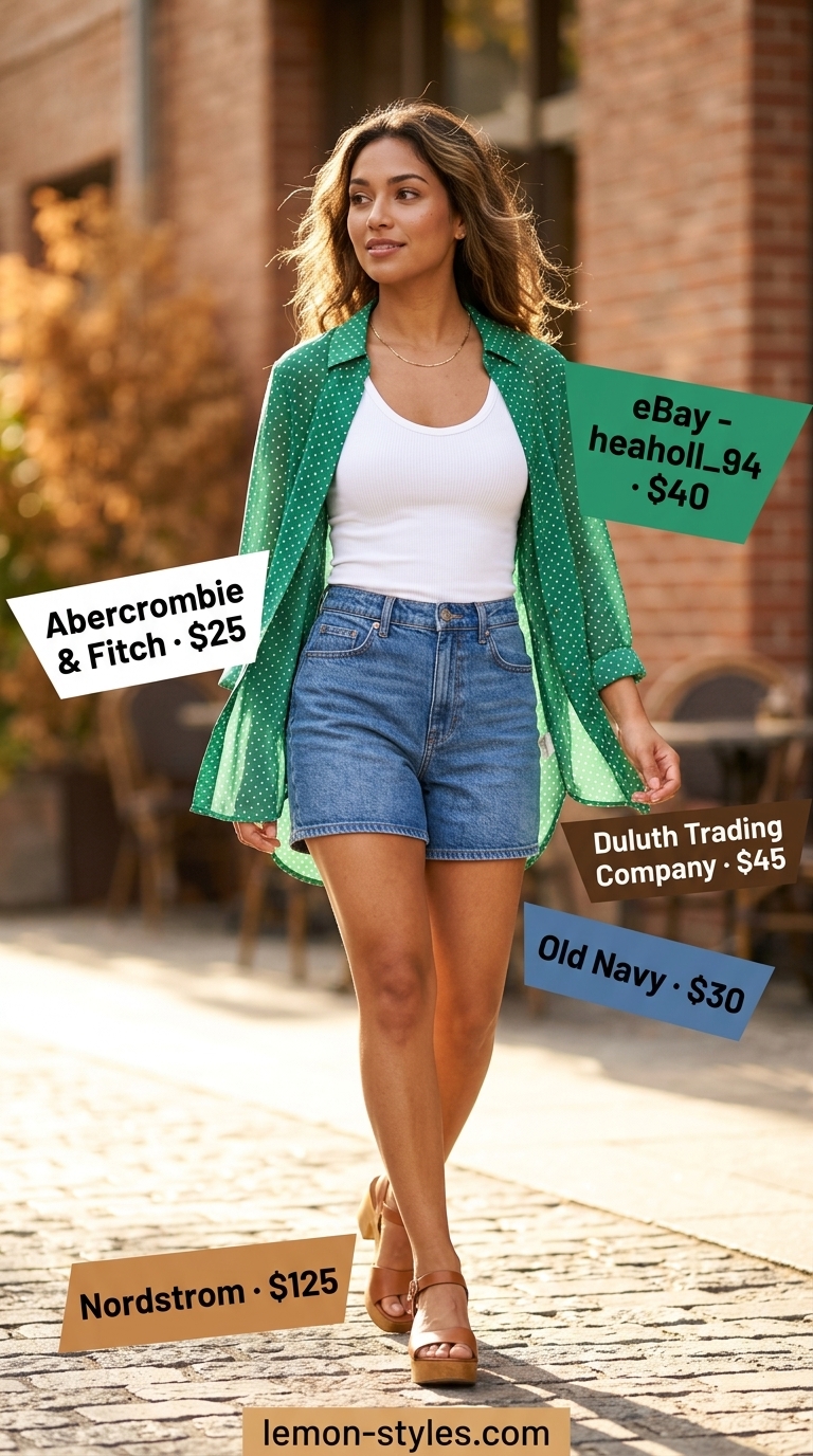 Weekend Retreat Outfit 2026 Weekend getaway outfit 2026: Green polka dot blouse with white denim shorts for a relaxed vibe.