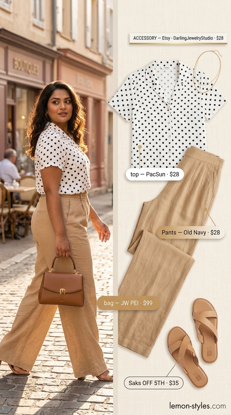 Chic Polka Dot Blouse Outfits 2026 White and black polka dot blouse with linen pants for a Parisian Riviera brunch outfit 2026.