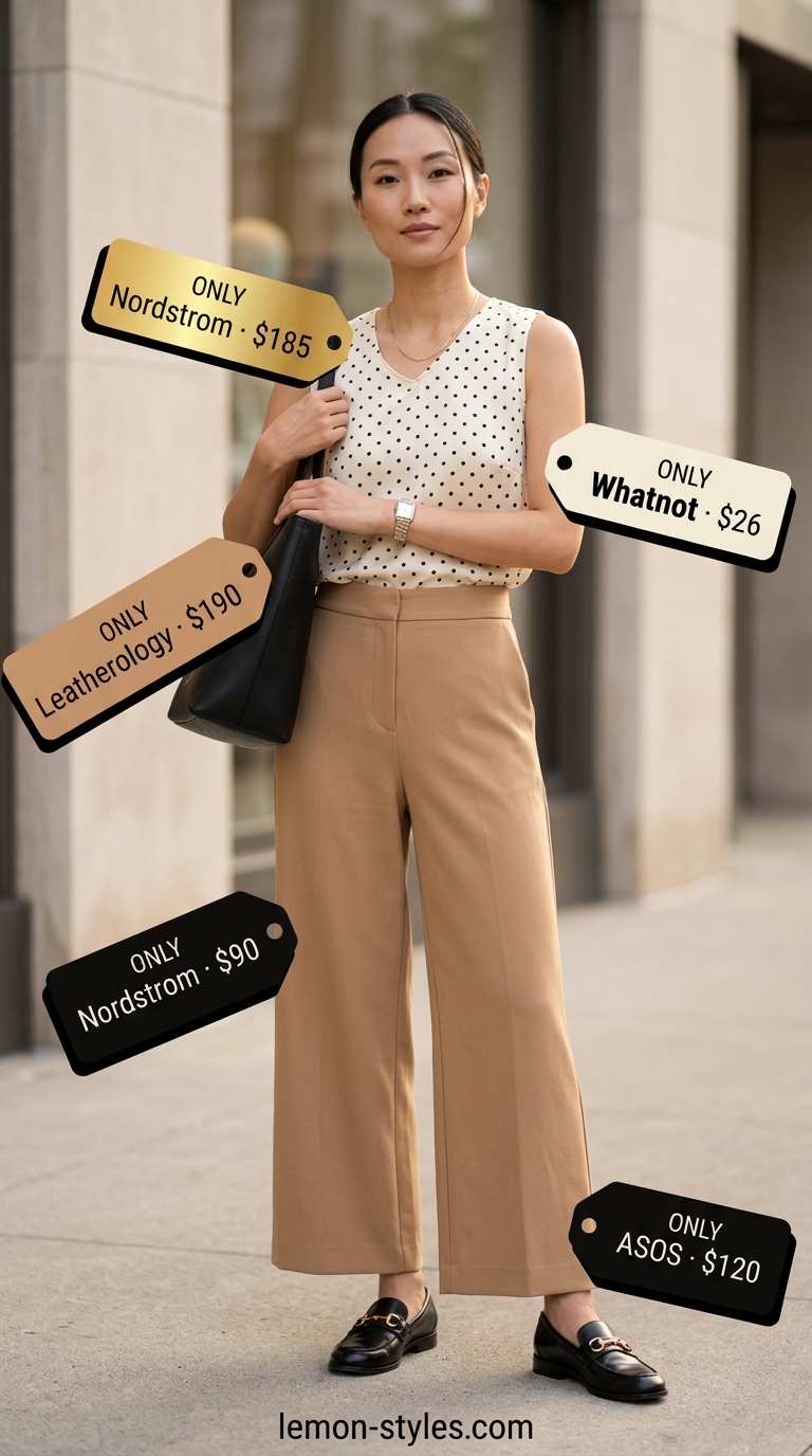 Polished Workday Outfit 2026 Polished summer work outfit 2026: Cream polka dot blouse with black culottes for a professional look.