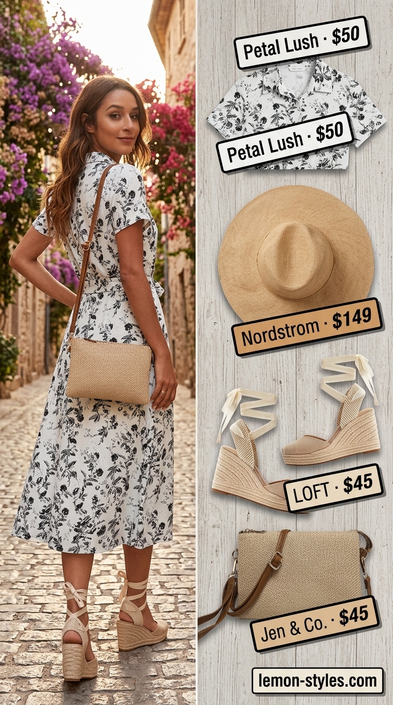 Boho Floral Summer Shirt Dress 2026 Boho floral shirt dress for women 2026, perfect for summer festivals with espadrilles.