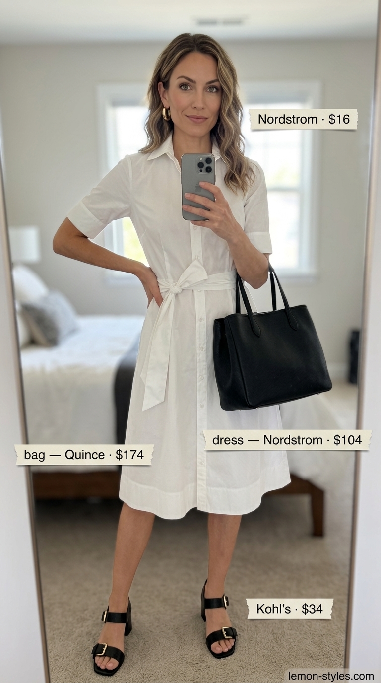 Chic City Summer Shirt Dress 2026 Chic city summer shirt dress for women 2026 in white with black tote, gold hoops, and block heels.