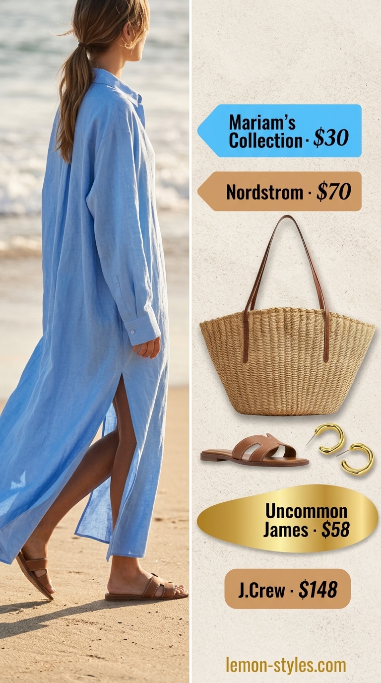 Coastal Breeze Linen Shirt Dress 2026 Relaxed coastal breeze linen shirt dress for women 2026 in sky blue with tan slides and straw tote.