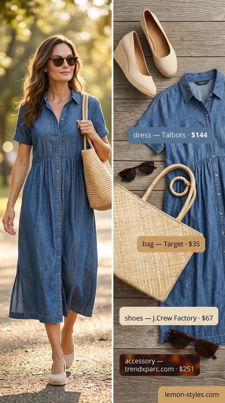 Coastal Denim Shirt Dress 2026 Casual denim shirt dress for women 2026 with tie-waist, straw tote, espadrilles, and tortoise sunglasses.