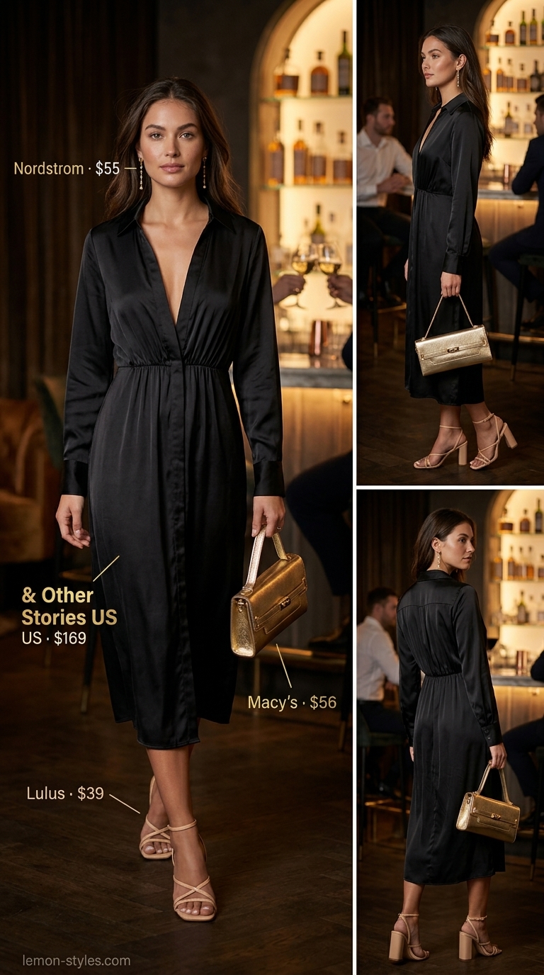 Elegant Evening Shirt Dress 2026 Elegant black satin shirt dress for women 2026 with gold drop earrings, nude heels, and metallic clutch.