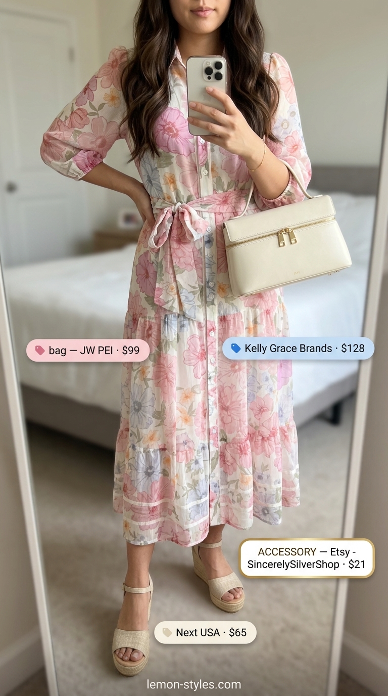 Floral Shirt Dress Romance 2026 Romantic blush pink floral shirt dress for women 2026, styled with espadrille wedges and gold jewelry for a sweet summer date.