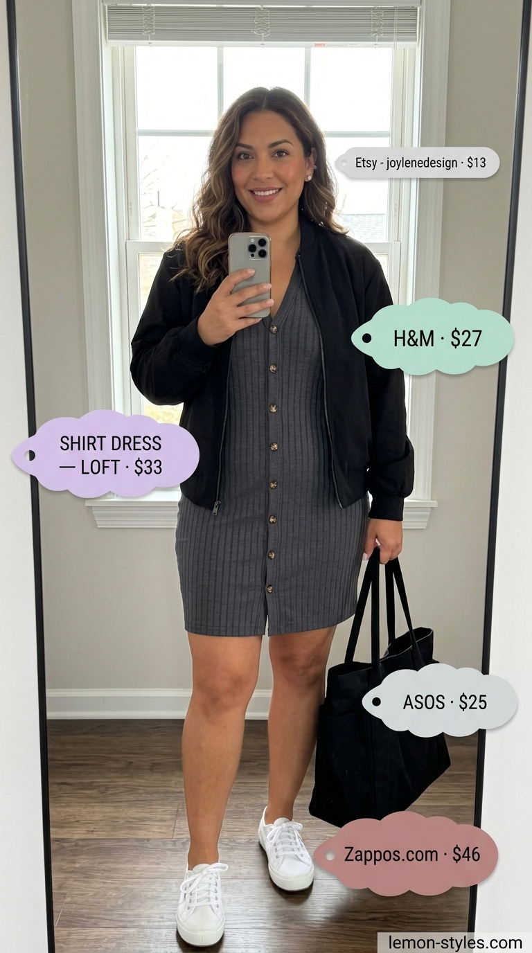 Casual Shirt Dress Look 2026 Casual grey marl mini shirt dress for women 2026, styled with white sneakers, a bomber jacket, and tote bag for weekend comfort.