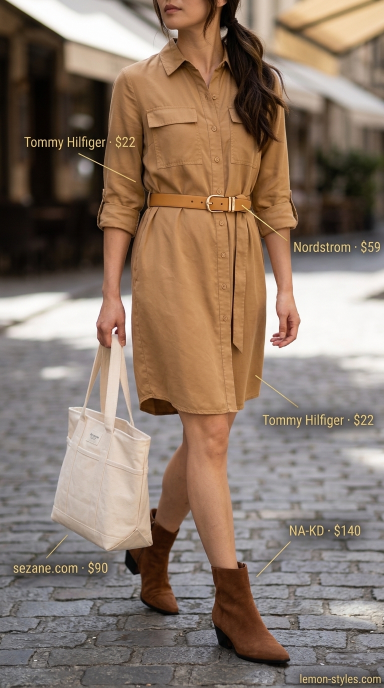 Safari Shirt Dress Style 2026 Safari chic khaki shirt dress for women 2026, styled with suede boots, leather belt, and canvas tote for daytime adventure.