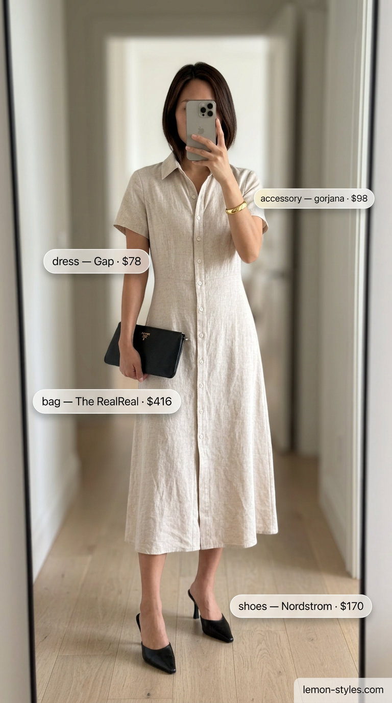 Elegant Shirt Dress Outfit 2026 Sophisticated beige linen shirt dress for women 2026, paired with black heels and gold accessories for an elegant evening out.