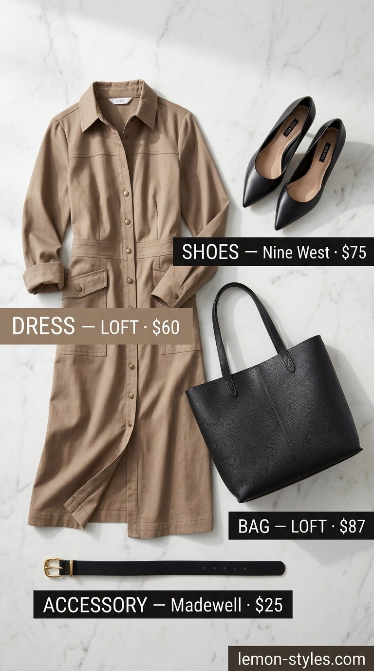 Minimalist Office Shirt Dress 2026 Minimalist taupe shirt dress for women 2026, office-ready with black pumps & tote.