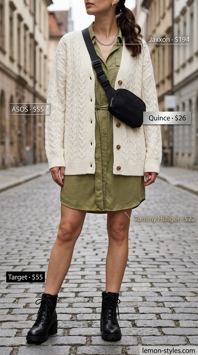 Edgy Shirt Dress Style 2026 Urban explorer olive green shirt dress for women 2026, layered with a cream cardigan and black combat boots for a cool, edgy look.